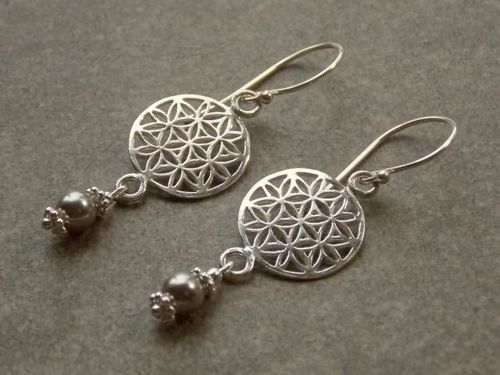 earring silver flower of life and swarovski pearl