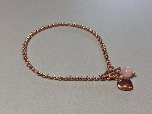 silver bracelet rose gold plated with heart and rock crystal