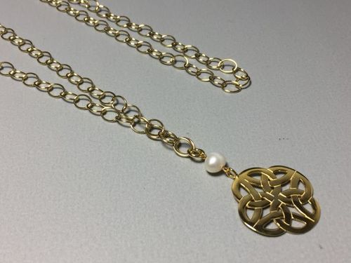 silver necklace gold plated 90cm with amulet and pearl