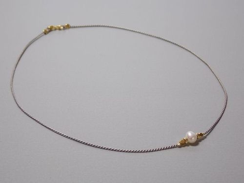 short silk necklace with pearl and gold plated beads