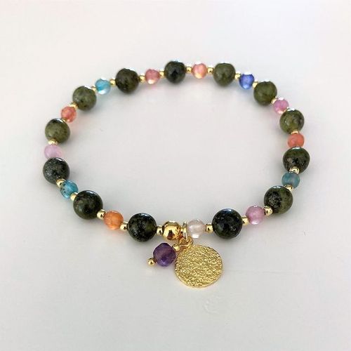 elastic bracelet jade and mixed colorstones gold plated